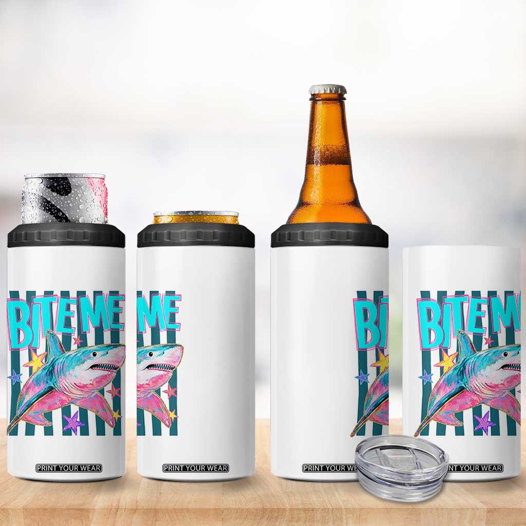 Funny Bite Me Shark Lover 4 in 1 Can Cooler Tumbler Summer Beach Nautical Stripes Glitter Print