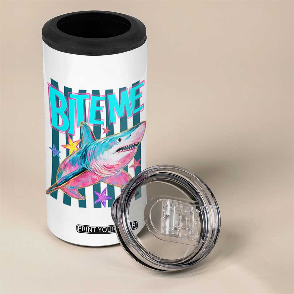 Funny Bite Me Shark Lover 4 in 1 Can Cooler Tumbler Summer Beach Nautical Stripes Glitter Print