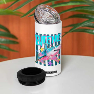 Funny Bite Me Shark Lover 4 in 1 Can Cooler Tumbler Summer Beach Nautical Stripes Glitter Print