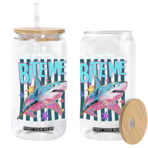 Funny Bite Me Shark Lover Glass Can Summer Beach Nautical Stripes Glitter Print