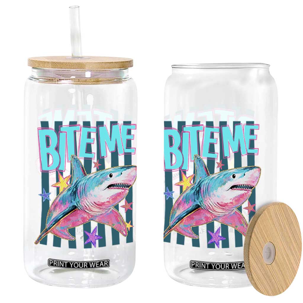 Funny Bite Me Shark Lover Glass Can Summer Beach Nautical Stripes Glitter Print