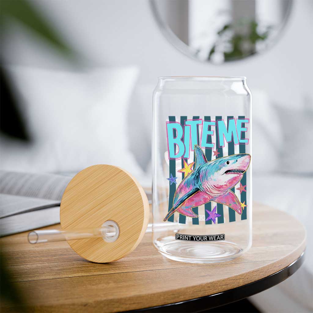 Funny Bite Me Shark Lover Glass Can Summer Beach Nautical Stripes Glitter Print