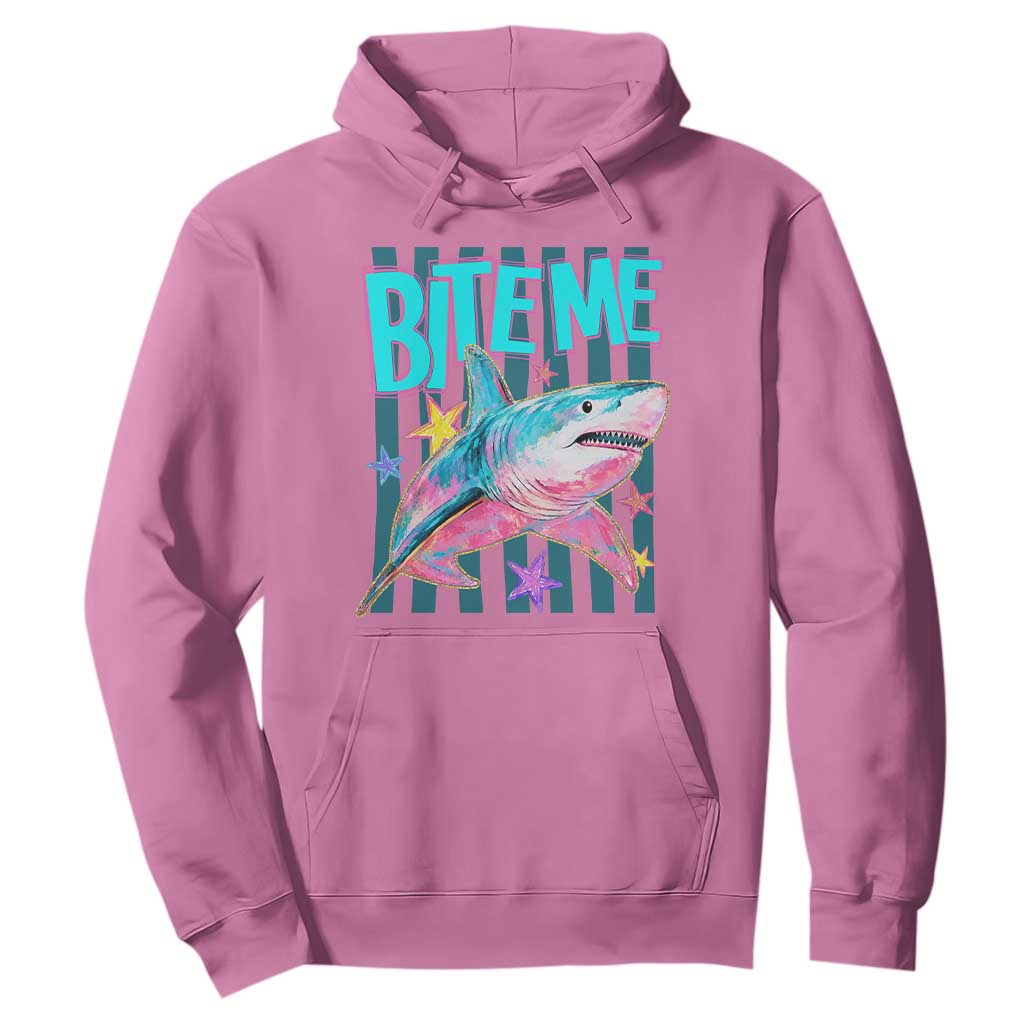 Funny Bite Me Shark Lover Hoodie Summer Beach Nautical Stripes Glitter Print