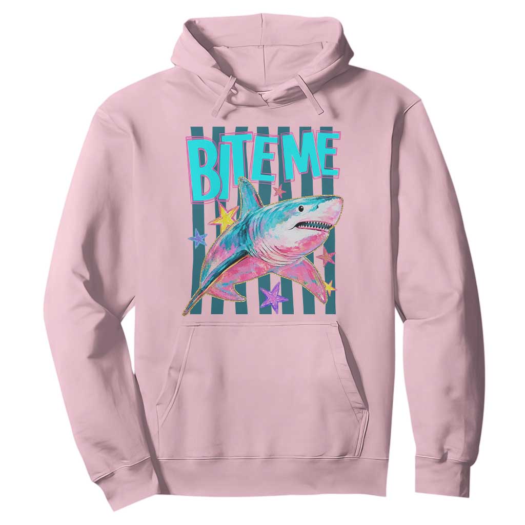 Funny Bite Me Shark Lover Hoodie Summer Beach Nautical Stripes Glitter Print