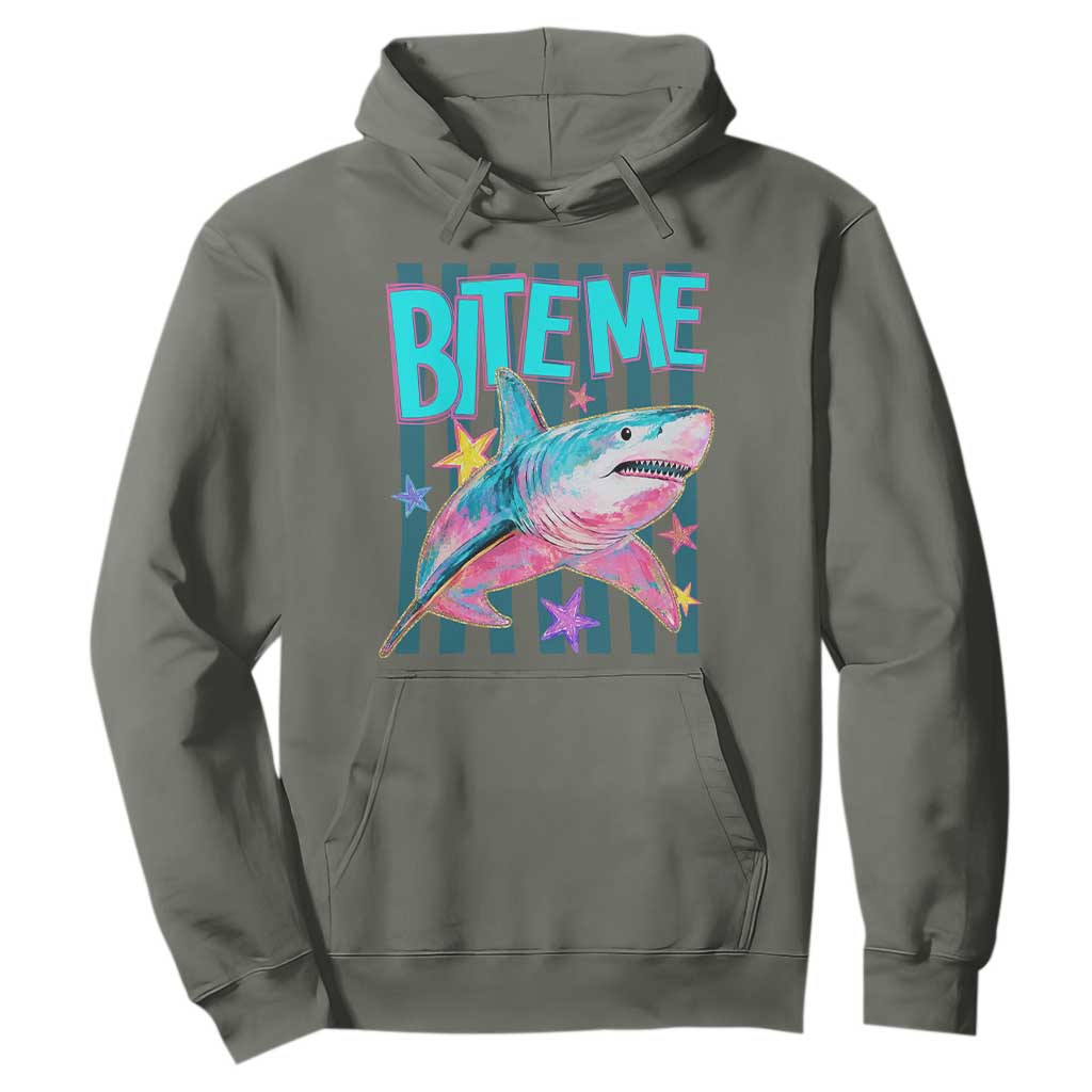 Funny Bite Me Shark Lover Hoodie Summer Beach Nautical Stripes Glitter Print