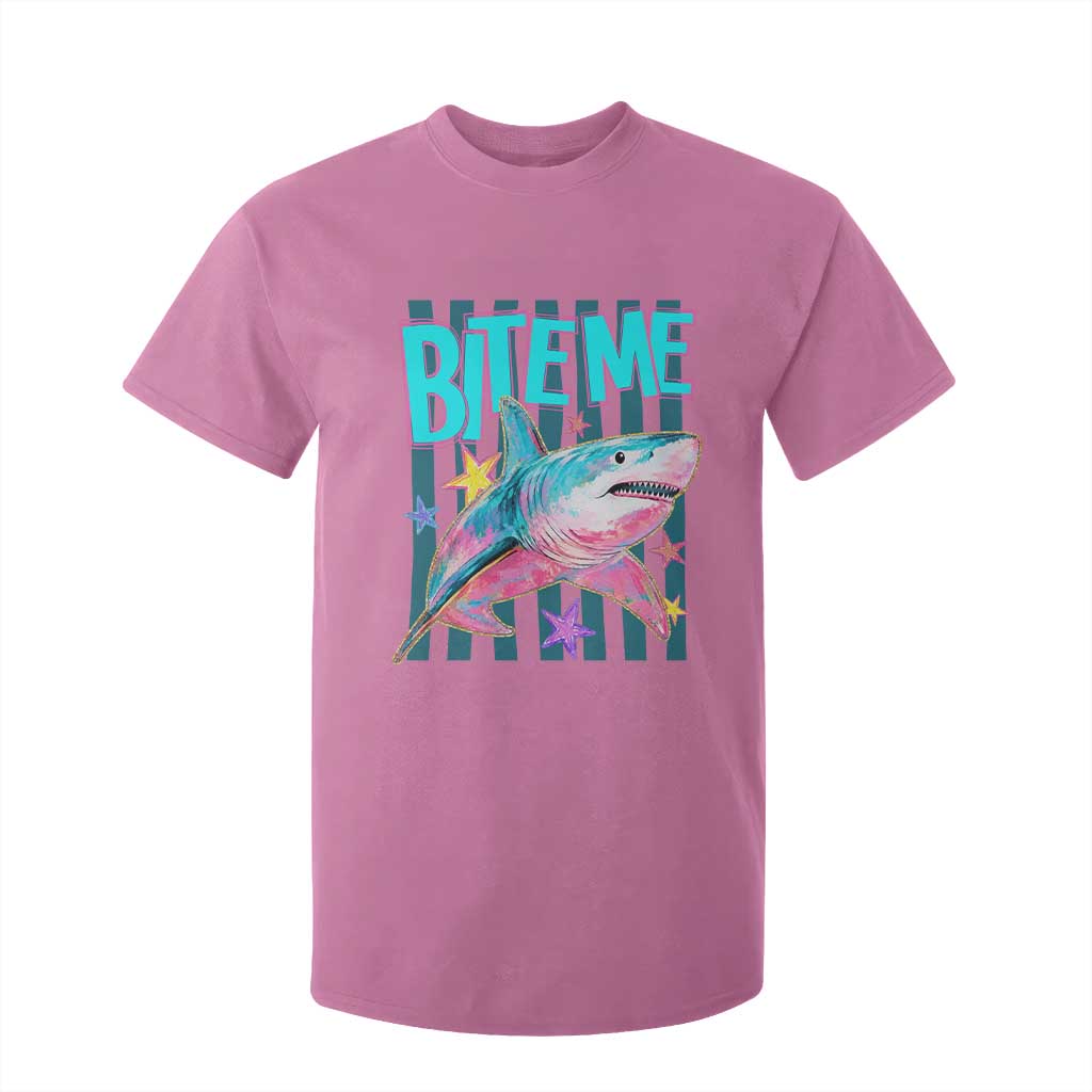 Funny Bite Me Shark Lover T Shirt For Kid Summer Beach Nautical Stripes Glitter Print