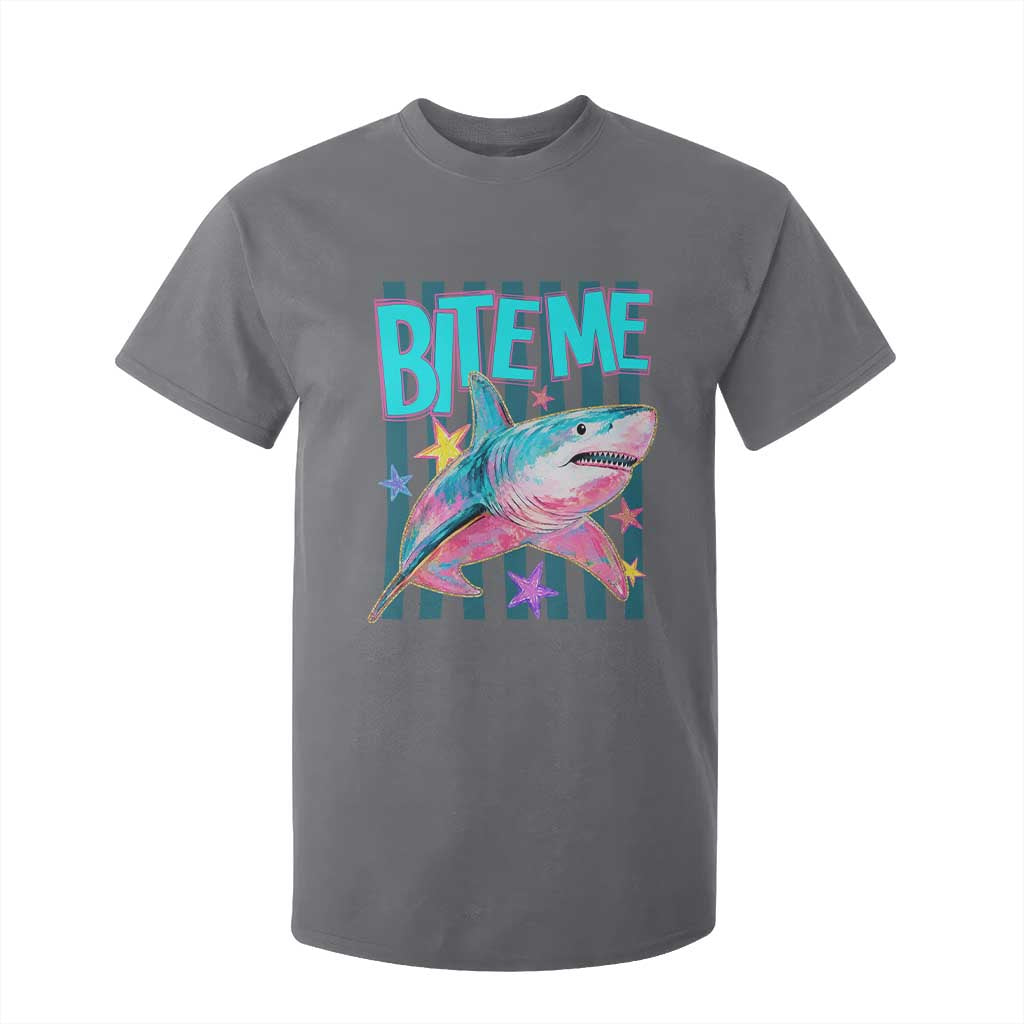 Funny Bite Me Shark Lover T Shirt For Kid Summer Beach Nautical Stripes Glitter Print