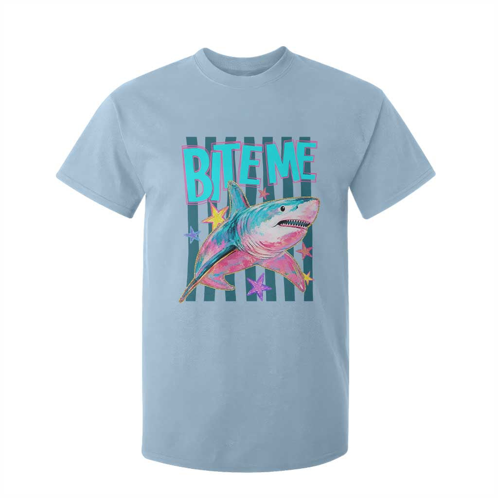 Funny Bite Me Shark Lover T Shirt For Kid Summer Beach Nautical Stripes Glitter Print