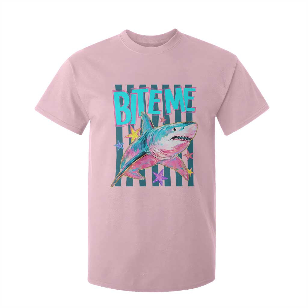 Funny Bite Me Shark Lover T Shirt For Kid Summer Beach Nautical Stripes Glitter Print