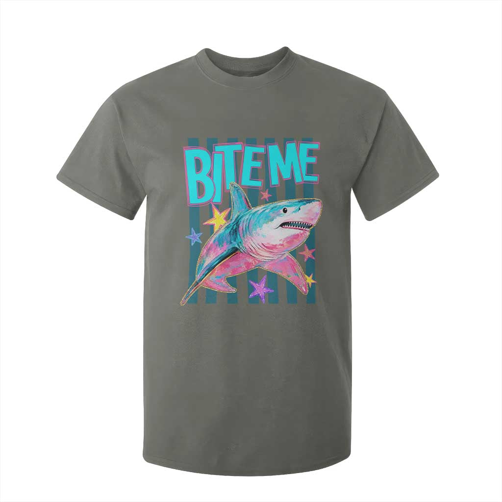 Funny Bite Me Shark Lover T Shirt For Kid Summer Beach Nautical Stripes Glitter Print