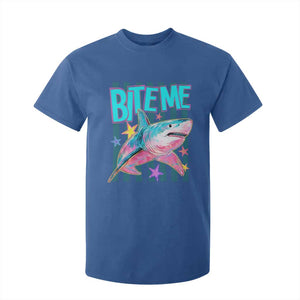 Funny Bite Me Shark Lover T Shirt For Kid Summer Beach Nautical Stripes Glitter Print