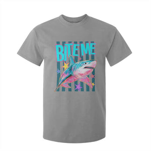 Funny Bite Me Shark Lover T Shirt For Kid Summer Beach Nautical Stripes Glitter Print