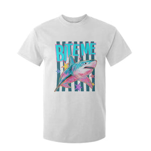 Funny Bite Me Shark Lover T Shirt For Kid Summer Beach Nautical Stripes Glitter Print