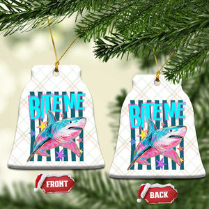Funny Bite Me Shark Lover Ceramic Ornament Summer Beach Nautical Stripes Glitter Print