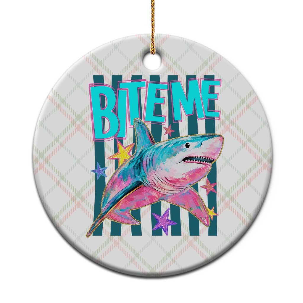 Funny Bite Me Shark Lover Ceramic Ornament Summer Beach Nautical Stripes Glitter Print