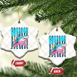 Funny Bite Me Shark Lover Ceramic Ornament Summer Beach Nautical Stripes Glitter Print