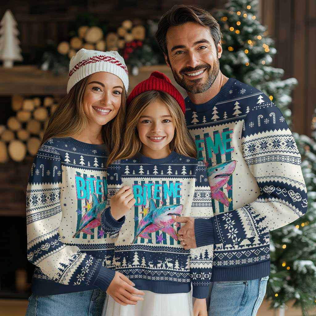 Funny Bite Me Shark Lover Ugly Christmas Sweater Summer Beach Nautical Stripes Glitter Print