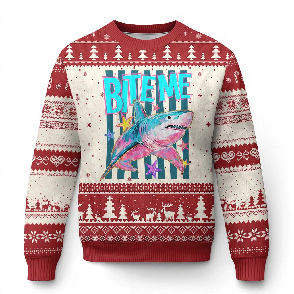 Funny Bite Me Shark Lover Ugly Christmas Sweater Summer Beach Nautical Stripes Glitter Print TS11 Beige Red Print Your Wear