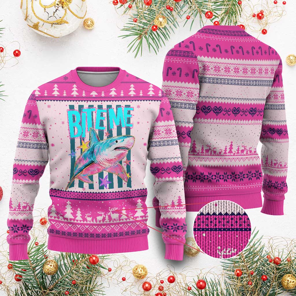 Funny Bite Me Shark Lover Ugly Christmas Sweater Summer Beach Nautical Stripes Glitter Print
