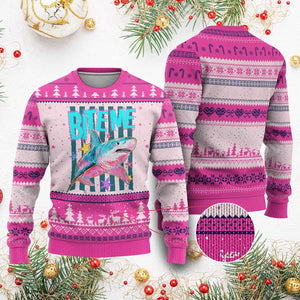 Funny Bite Me Shark Lover Ugly Christmas Sweater Summer Beach Nautical Stripes Glitter Print