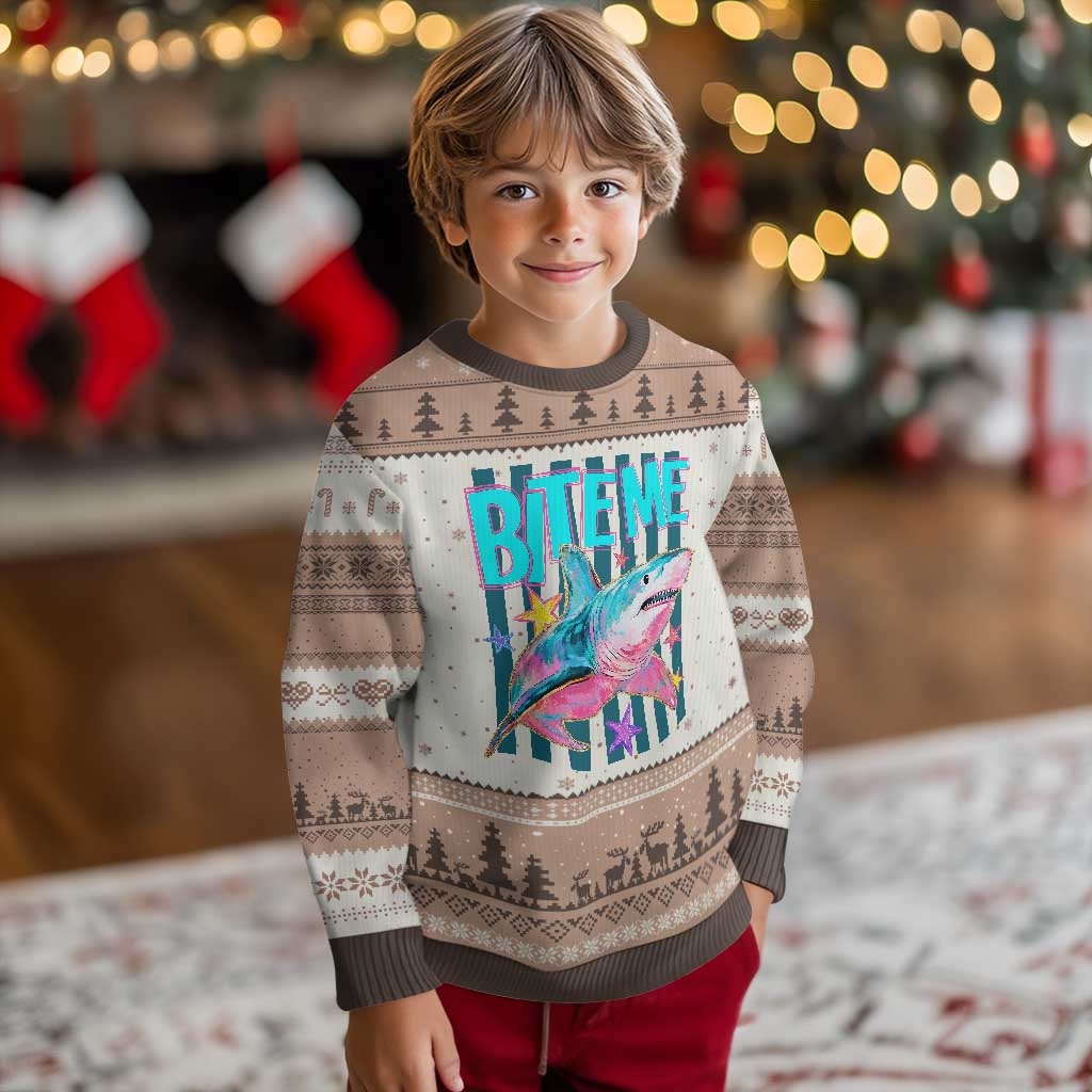 Funny Bite Me Shark Lover Ugly Christmas Sweater Summer Beach Nautical Stripes Glitter Print