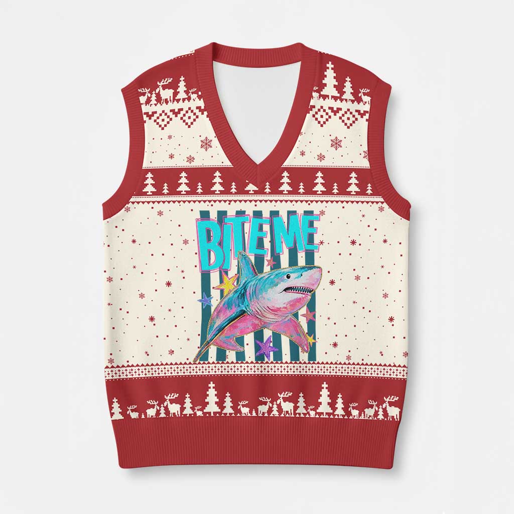 Funny Bite Me Shark Lover V-Neck Knit Sweater Vest Summer Beach Nautical Stripes Glitter Print