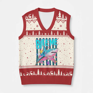 Funny Bite Me Shark Lover V-Neck Knit Sweater Vest Summer Beach Nautical Stripes Glitter Print