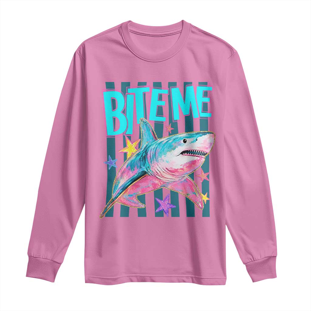 Funny Bite Me Shark Lover Long Sleeve Shirt Summer Beach Nautical Stripes Glitter Print