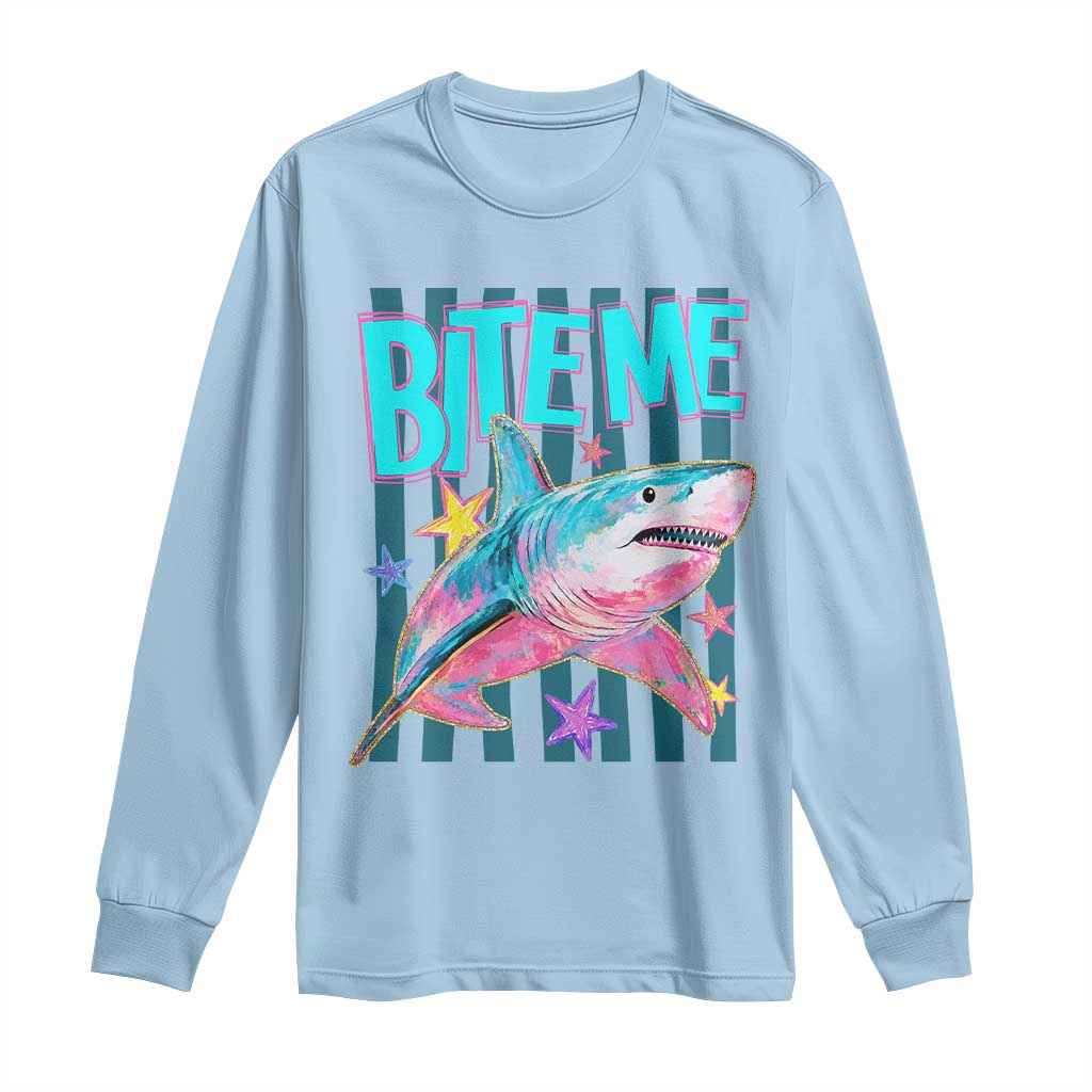 Funny Bite Me Shark Lover Long Sleeve Shirt Summer Beach Nautical Stripes Glitter Print