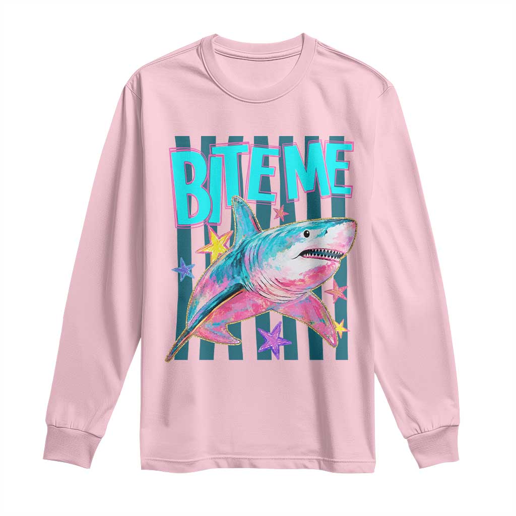 Funny Bite Me Shark Lover Long Sleeve Shirt Summer Beach Nautical Stripes Glitter Print
