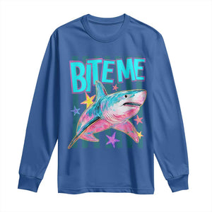 Funny Bite Me Shark Lover Long Sleeve Shirt Summer Beach Nautical Stripes Glitter Print