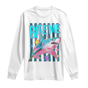 Funny Bite Me Shark Lover Long Sleeve Shirt Summer Beach Nautical Stripes Glitter Print