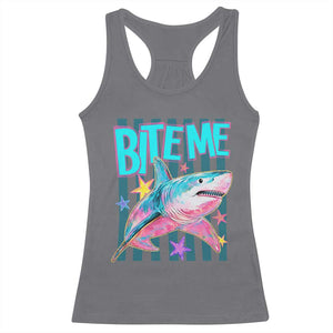 Funny Bite Me Shark Lover Racerback Tank Top Summer Beach Nautical Stripes Glitter Print