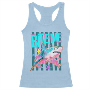 Funny Bite Me Shark Lover Racerback Tank Top Summer Beach Nautical Stripes Glitter Print