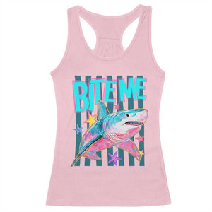 Funny Bite Me Shark Lover Racerback Tank Top Summer Beach Nautical Stripes Glitter Print