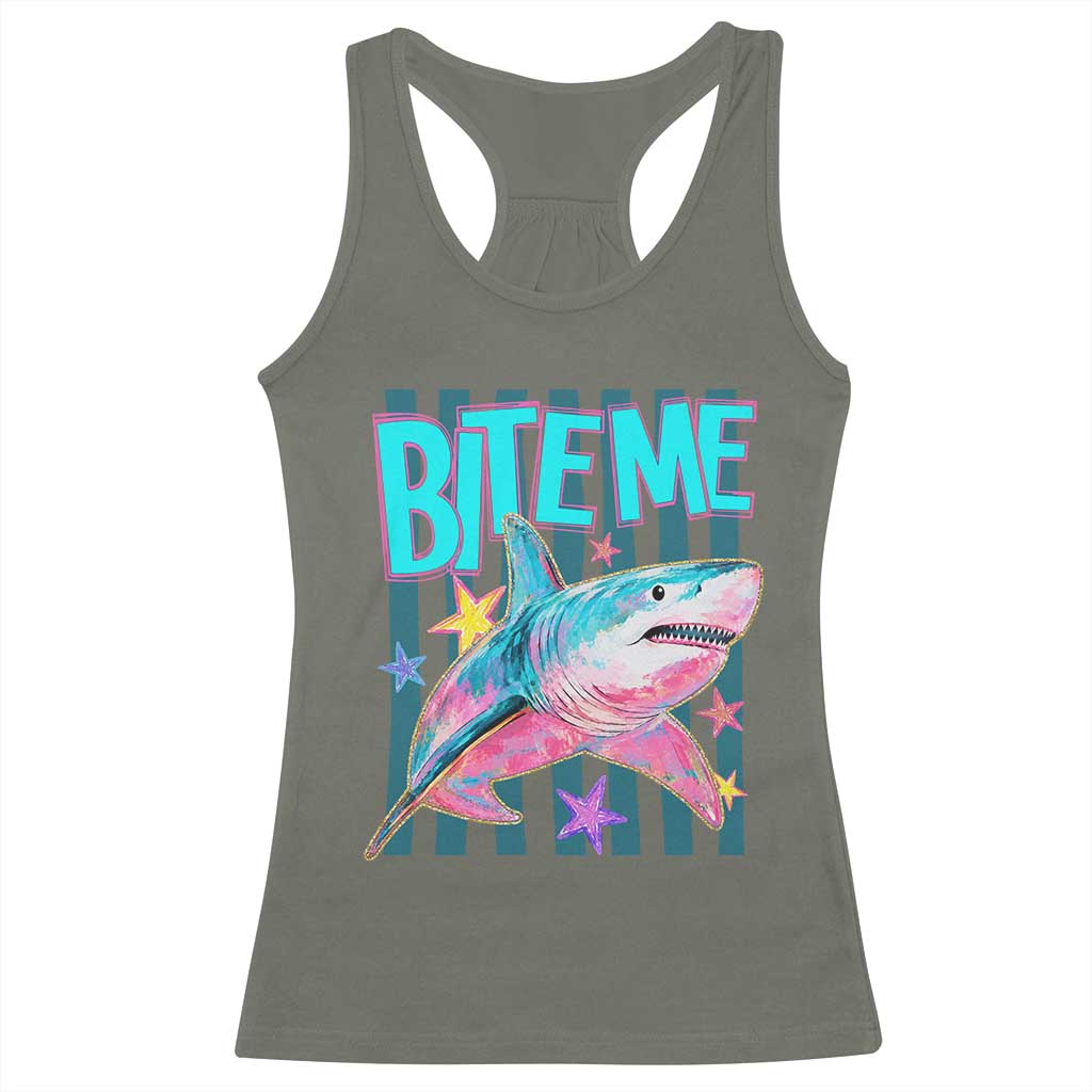 Funny Bite Me Shark Lover Racerback Tank Top Summer Beach Nautical Stripes Glitter Print