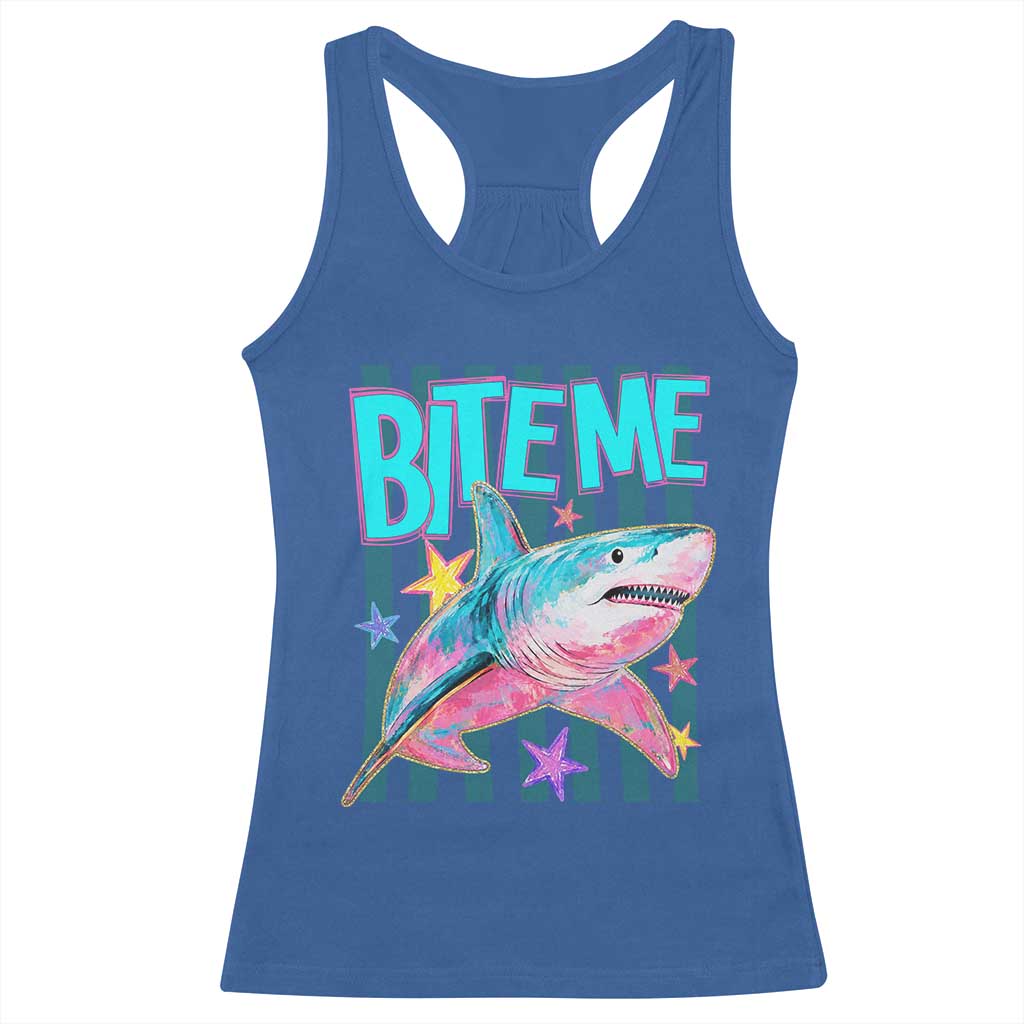 Funny Bite Me Shark Lover Racerback Tank Top Summer Beach Nautical Stripes Glitter Print