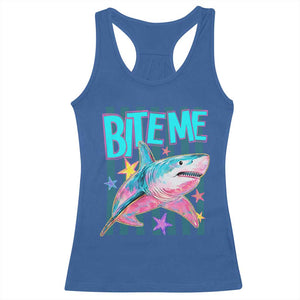 Funny Bite Me Shark Lover Racerback Tank Top Summer Beach Nautical Stripes Glitter Print