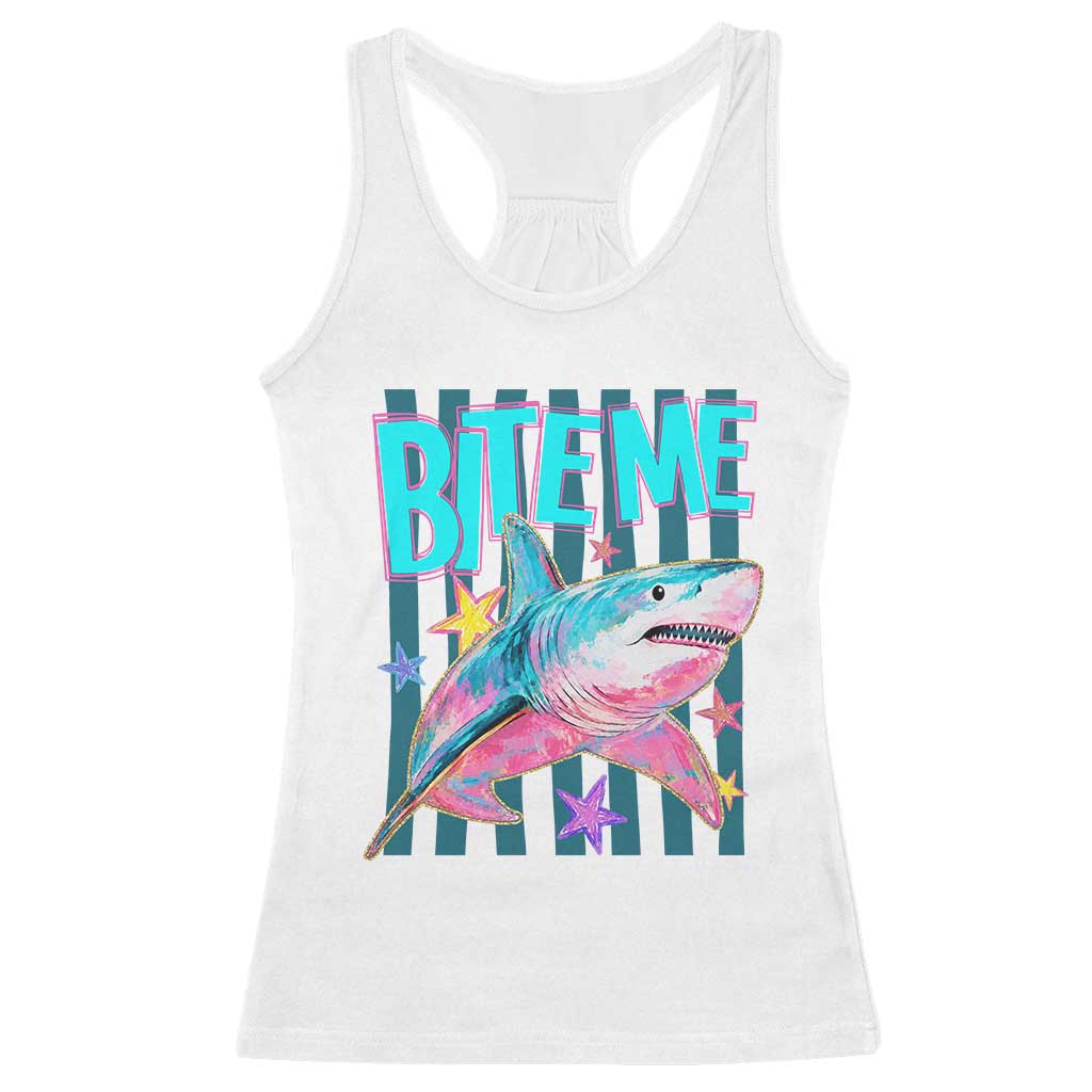 Funny Bite Me Shark Lover Racerback Tank Top Summer Beach Nautical Stripes Glitter Print