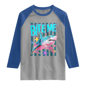 Funny Bite Me Shark Lover Raglan Shirt Summer Beach Nautical Stripes Glitter Print
