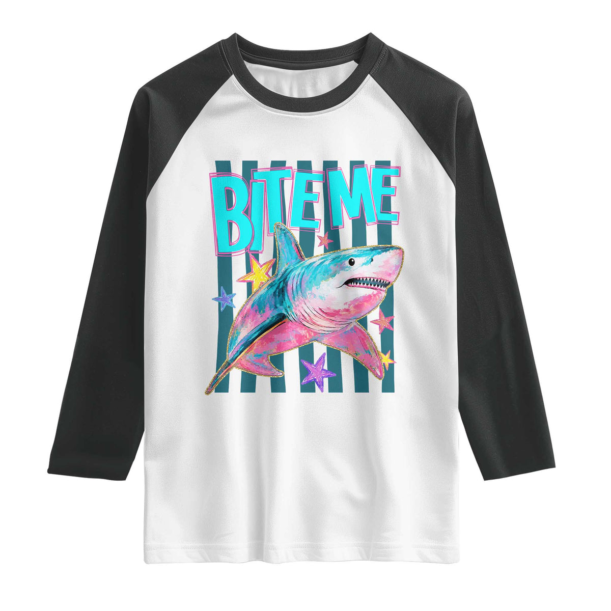 Funny Bite Me Shark Lover Raglan Shirt Summer Beach Nautical Stripes Glitter Print