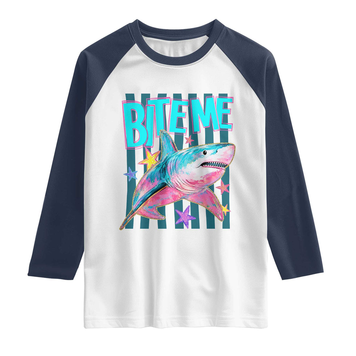 Funny Bite Me Shark Lover Raglan Shirt Summer Beach Nautical Stripes Glitter Print