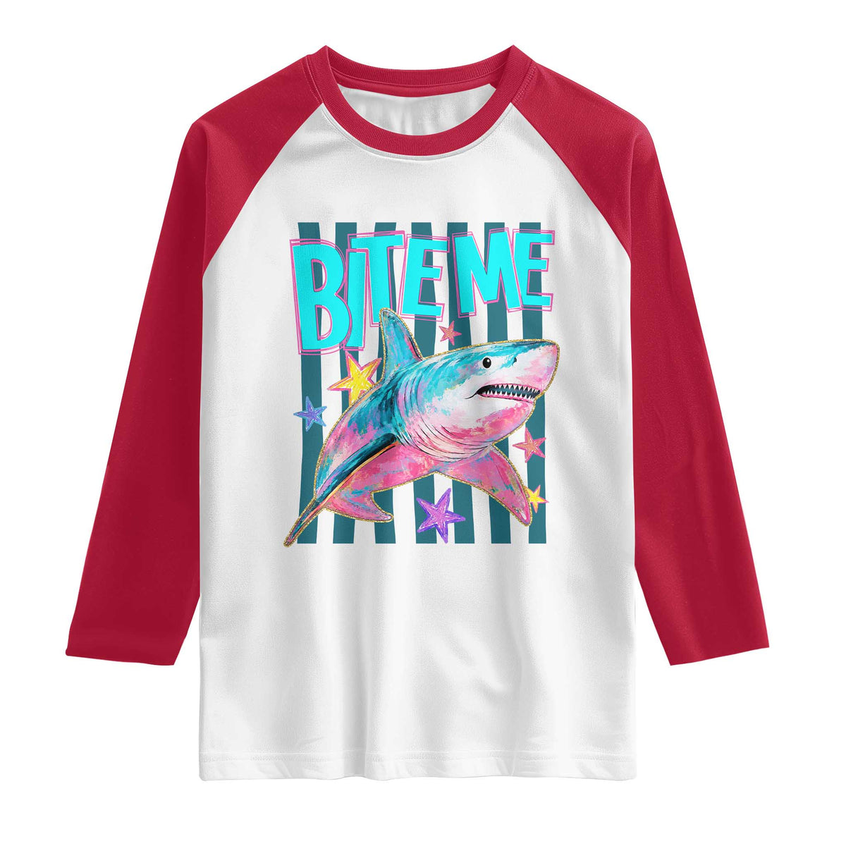 Funny Bite Me Shark Lover Raglan Shirt Summer Beach Nautical Stripes Glitter Print
