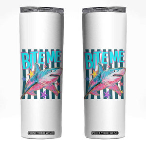 Funny Bite Me Shark Lover Skinny Tumbler Summer Beach Nautical Stripes Glitter Print