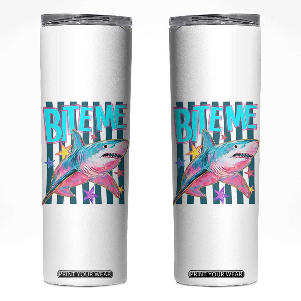 Funny Bite Me Shark Lover Skinny Tumbler Summer Beach Nautical Stripes Glitter Print TS11 White Print Your Wear
