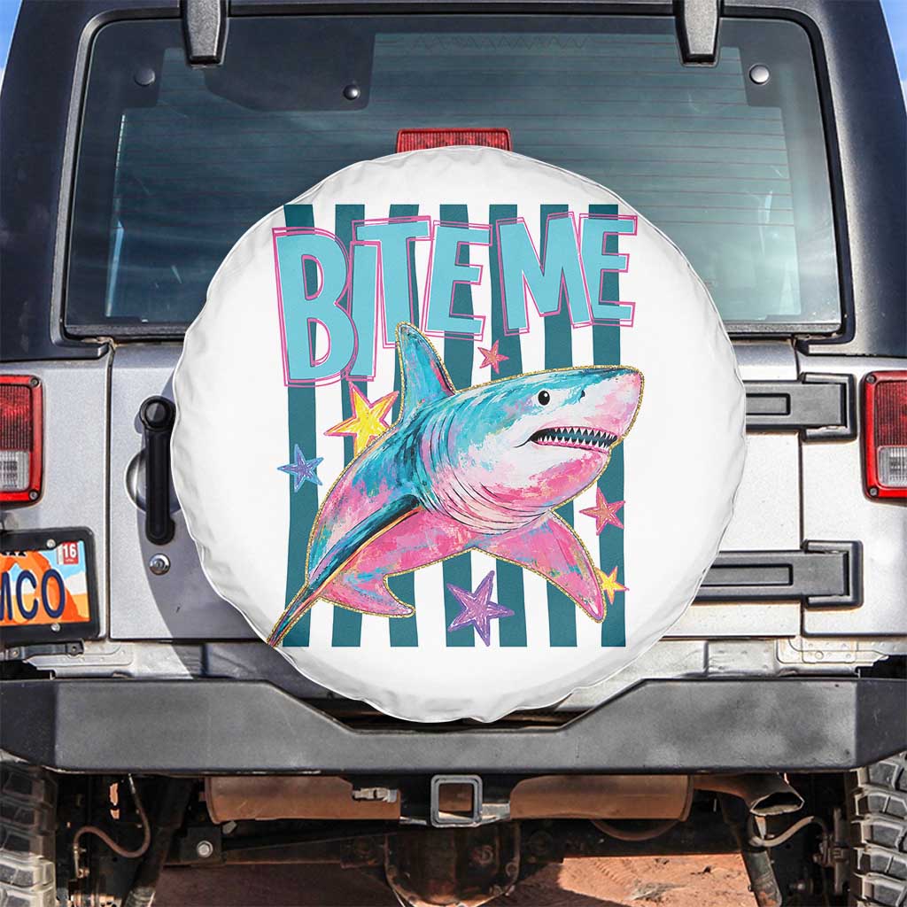 Funny Bite Me Shark Lover Spare Tire Cover Summer Beach Nautical Stripes Glitter Print TS11 No hole White Print Your Wear