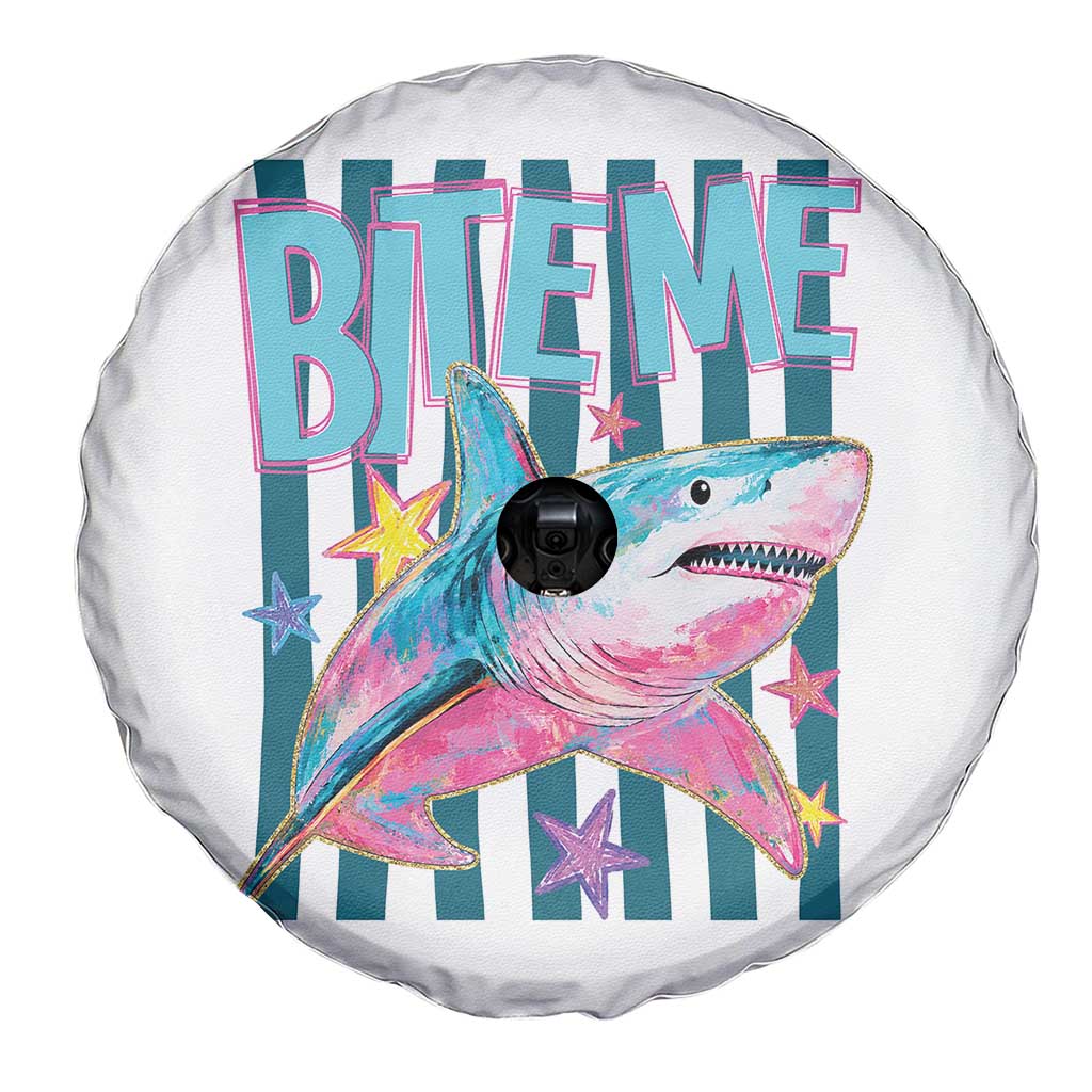 Funny Bite Me Shark Lover Spare Tire Cover Summer Beach Nautical Stripes Glitter Print