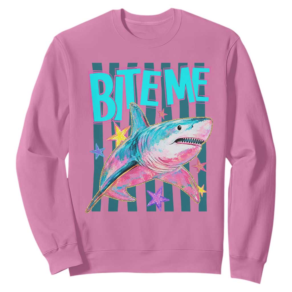 Funny Bite Me Shark Lover Sweatshirt Summer Beach Nautical Stripes Glitter Print