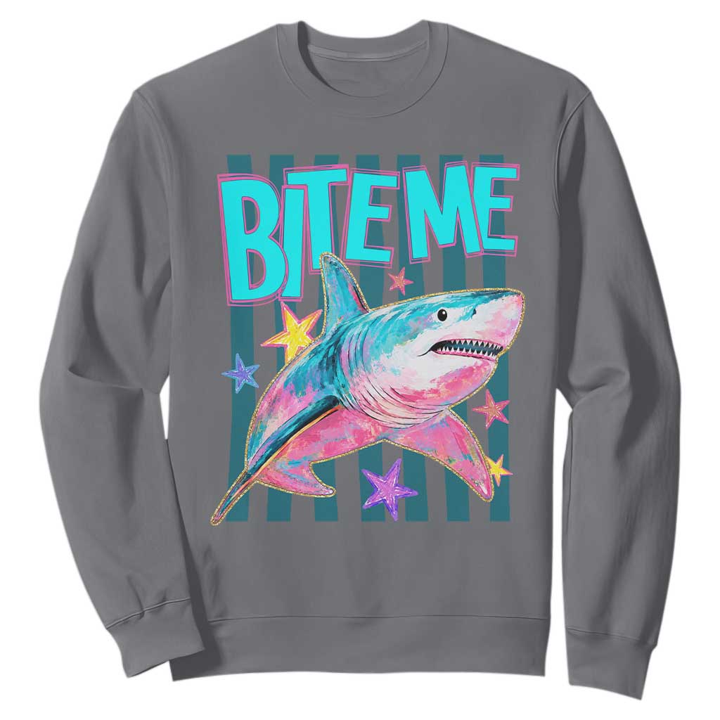 Funny Bite Me Shark Lover Sweatshirt Summer Beach Nautical Stripes Glitter Print