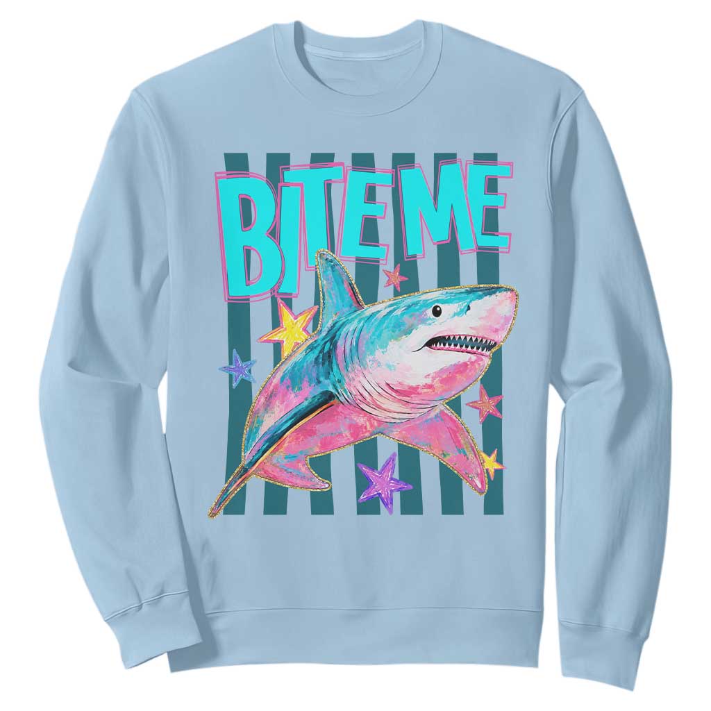 Funny Bite Me Shark Lover Sweatshirt Summer Beach Nautical Stripes Glitter Print